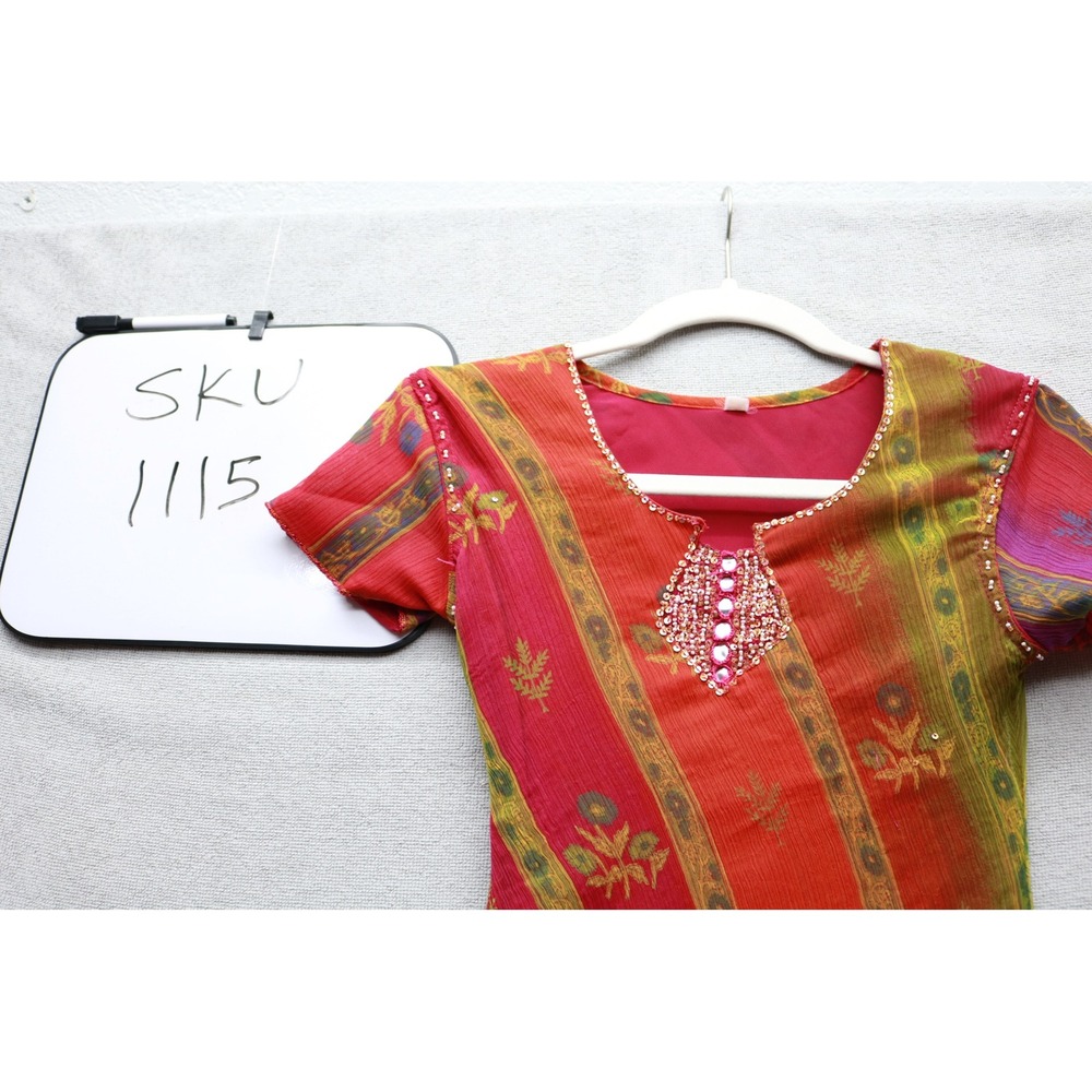 Unbranded Kurti Top Womens M Red Green Striped Embellished Indian Tunic 1115